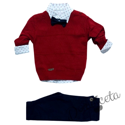 Комплект от риза в бяло, пуловер в червено, панталон и папийонка за момче