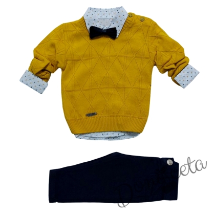 Комплект от риза в бяло, пуловер в горчица, панталон и папийонка за момче