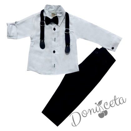 Комплект от панталон в черно, риза в бяло с джоб, папийонка и тиранти