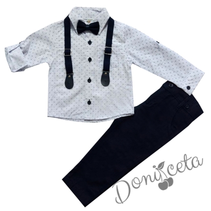 Комплект за момче от риза в бяло, панталон в тъмносиньо, тиранти и папийонка
