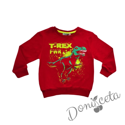 Детска блуза с дълъг ръкав в червено с динозавър