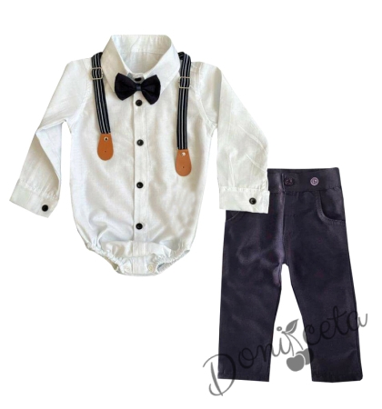 Комплект от панталон в тъмносиньо и боди-риза в бяло с тиранти