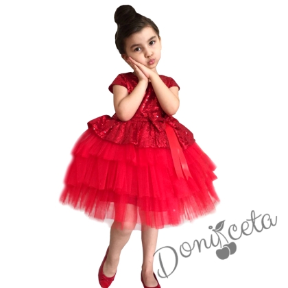 Официална детска рокля в червено от пайети и тюл на пластове Валериа 1