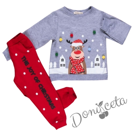 Коледен детски комплект от блуза в сиво с елен и панталоноки в червено