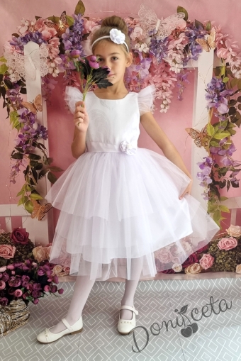 Официална детска рокля с къс ръкав в бяло с тюл 288БЖ