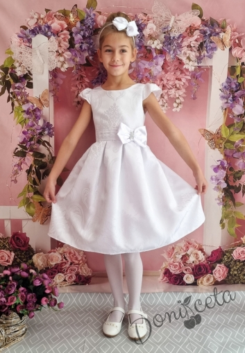 Официална детска рокля с къс ръкав в бяло с коланче 223БЖ