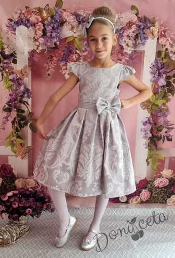 Официална детска рокля с къс ръкав в сиво с коланче 223СЖ