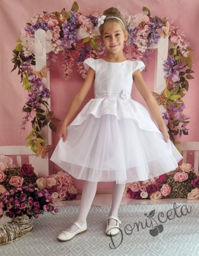 Официална детска рокля в бяло с къс ръкав и тюл 379БЖ