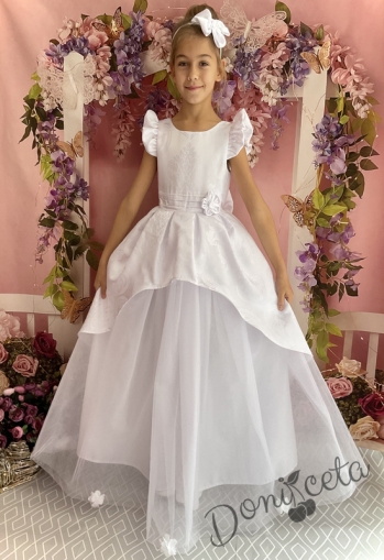 Официална дълга детска рокля с къс ръкав в бяло с тюл 379БЖД