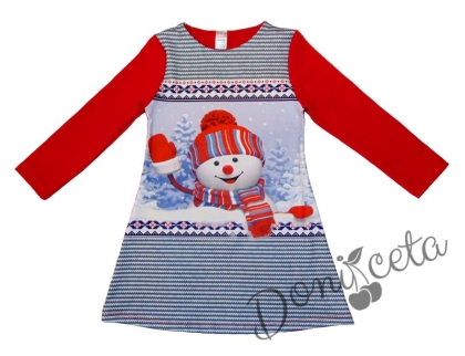 Коледна детска права рокля с дълъг ръкав със снежен човек