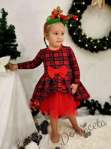 Официална бебешка/детска рокля Надежда в каре с дълъг ръкав и тюл в червено 2