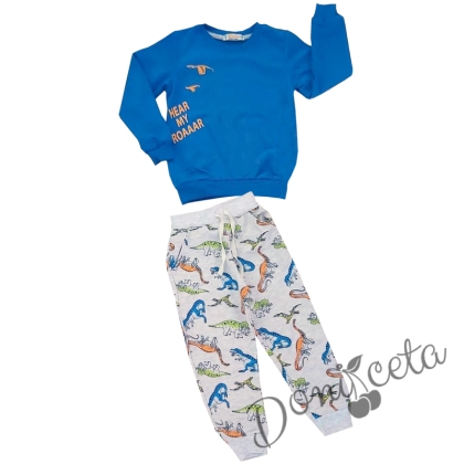  Комплект за момче от блуза в светлоиньо и панталонки в сиво с динозаври