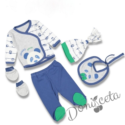 Комплект за бебе момче от 5 части в бяло и синьо