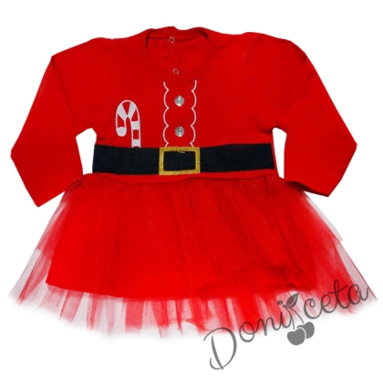 Коледна детска рокля с дълъг ръкав в червено и тюл 877355