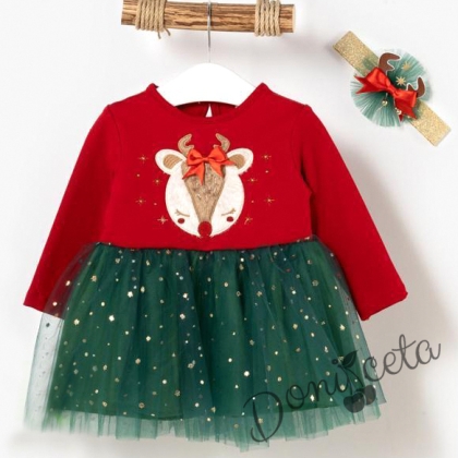 Коледна детска рокля в червено с елен, тюл в зелено и лента за коса 837754