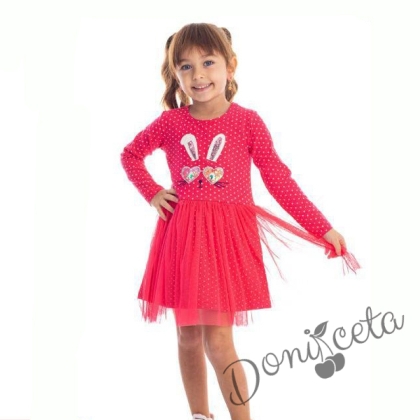 Детска ежедневна рокля в цвят малина на точки със зайче с очила
