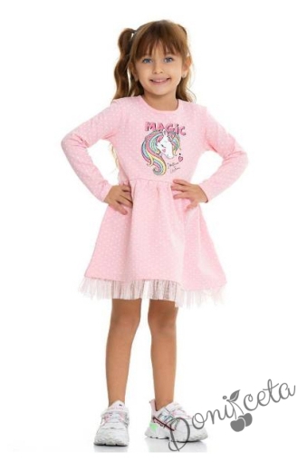 Детска ежедневна рокля с Пони/Еднорог в розово на точки Magic