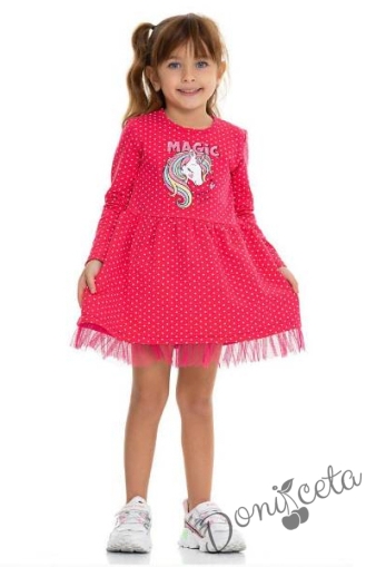 Детска ежедневна рокля с Пони/Еднорог в цвят малина на точки Magic
