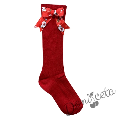 Детски чорапи 3/4 в червено с  коледна панделка 7464442