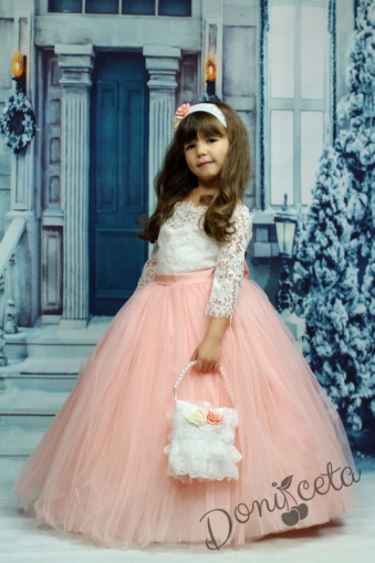 Детска дълга рокля с дълъг ръкав в прасковено с обръч и тюл, чантичка и лента за коса