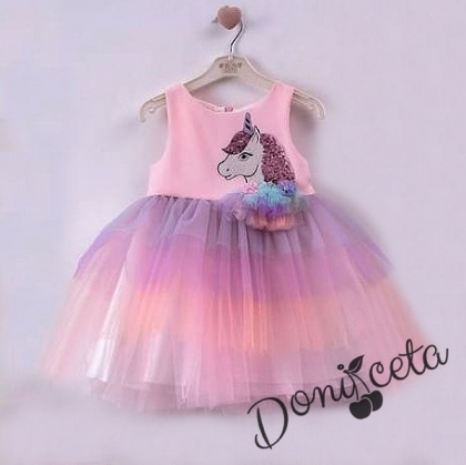 Детска рокля без ръкав с Пони/Еднорог в розово с многоцветен тюл