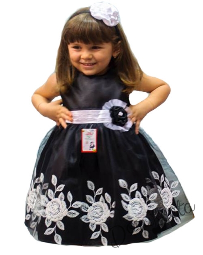 Детска рокля в черно с бели цветя Чери