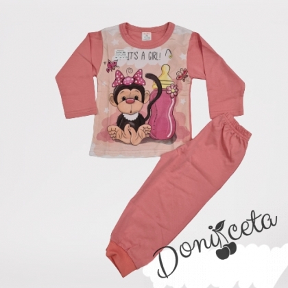 Детска пижама в розово с маймунка