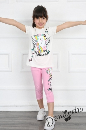 Комплект за момиче от тениска в бяло с Пони/Еднорог и клин в розово