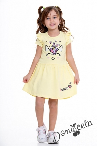Ежедневна детска рокля с къс ръкав в жълто с Пони/Еднорог 107963