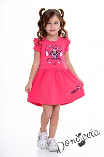 Ежедневна детска рокля с къс ръкав в малина с Пони/Еднорог 107852