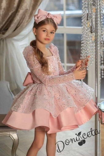 Официална детска рокля с дълъг ръкав в пепел от рози с голяма панделка 1