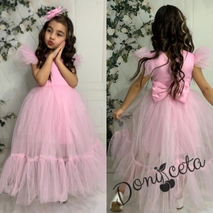 Официална детска рокля в розово с тюл и панделка за коса