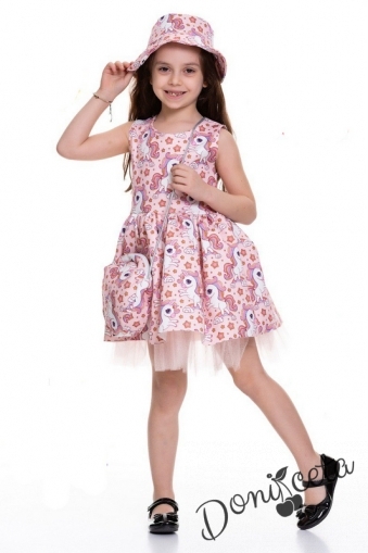 Детска рокля без ръкав в прасковено с Пони/Еднорог, шапка и чанта 1