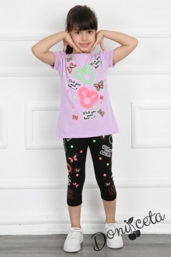 Комплект за момиче от тениска в лилаво с Мини Маус и клин в черно