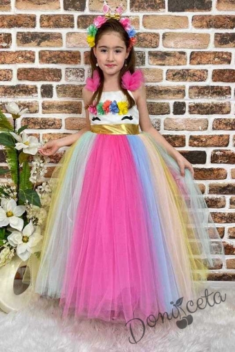 Дълга детска рокля с Пони/Еднорог с многоцветен богат тюл
