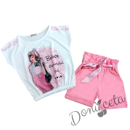 Комплект за момиче от тениска в бяло и къси панталони в розово