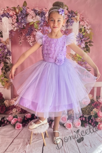 Официална детска рокля с къс ръкав в лилаво с тюл 298ЛЦ