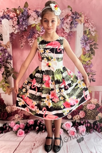 Официална детска рокля  без ръкав в черно и бяло с фламинго 240Ф