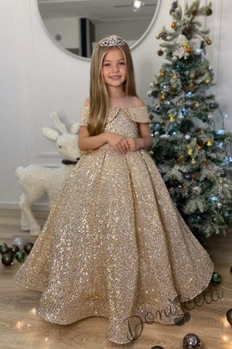 Официална дълга детска рокля Шайн в златисто с пайети