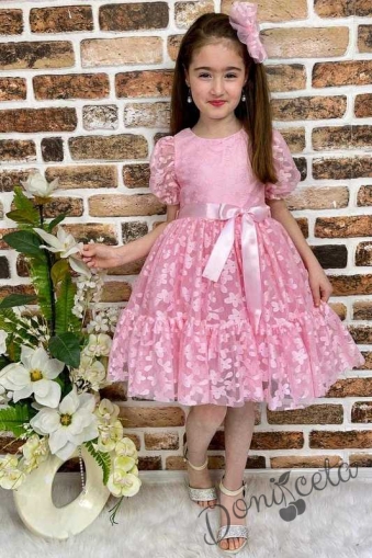 Детска рокля с къс ръкав в розово на цветя с коланче 4464445