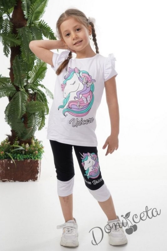 Комплект за момиче от тениска в бяло с Пони/Еднорог и клин в черно