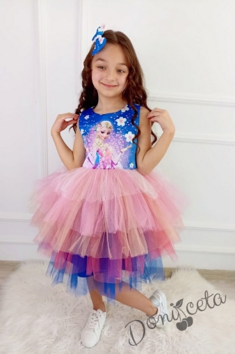 Детска рокля без ръкав с Елза в синьо и розово с тюл