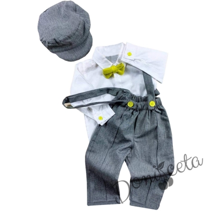 Комплект от панталон в сиво, риза в бяло, папийонка в горчица и шапка