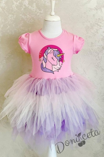 Детска рокля с къс ръкав с Пони/Еднорог в розово и многоцветен тюл  1