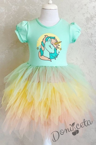 Детска рокля с къс ръкав с Пони/Еднорог в тюркоаз/мента и многоцветен тюл  1