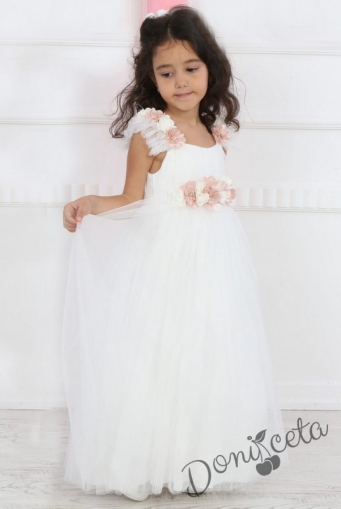 Официална детска дълга рокл без ръкав в бяло с нежни цветя и тюл