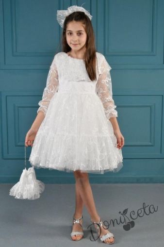 Официална детска рокля в бяло от дантела с чантичка и панделка за коса