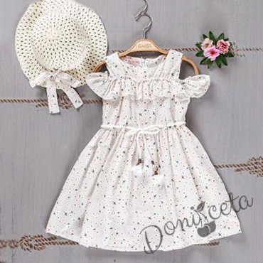 Ежедневна детска рокля с къс ръкав в бяло на цветя с шапка