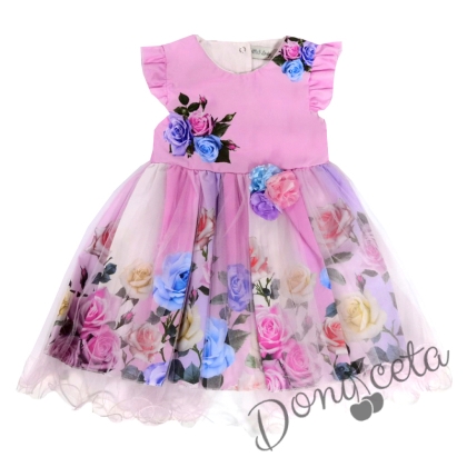 Ежедневна детска рокля с къс ръкав в розово на цветя с тюл 989861