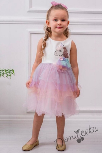 Детска рокля без ръкав с Пони/Еднорог в бяло с многоцветен тюл